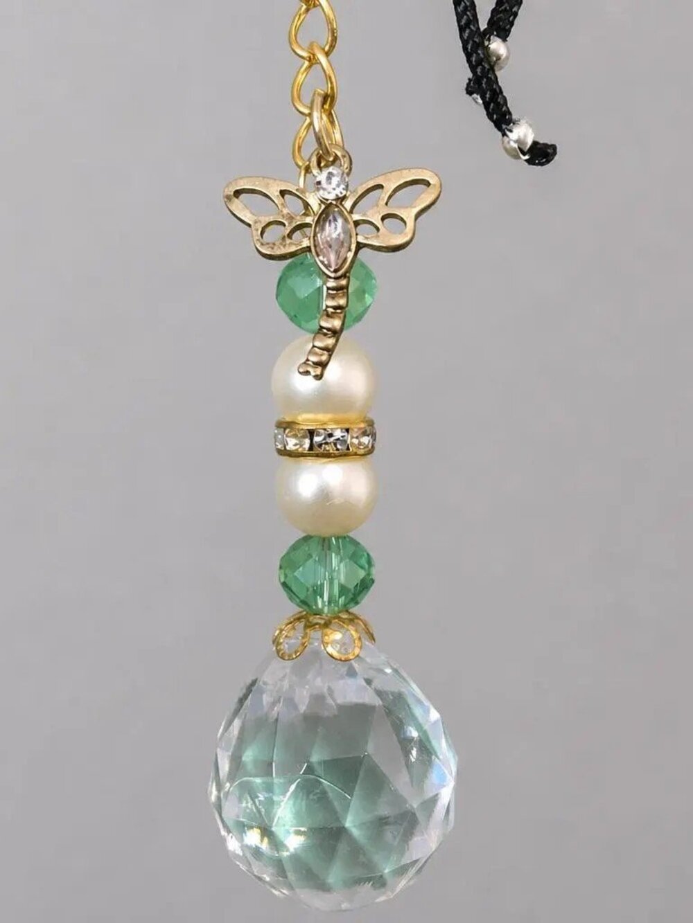 Crystal Dragonfly Car Charm • Green & Pearl Beaded Suncatcher • Gold Butterfly
